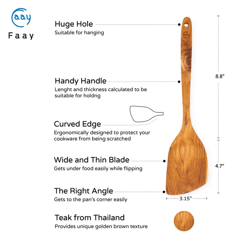 FAAY 13.5" Right-Hand Teak Spatula for Wok - Extra Wide 3.15" Head, Thin Edge Turner for Nonstick Pans, Coconut Oil Finish, Thai Handcrafted Wood - Image 3